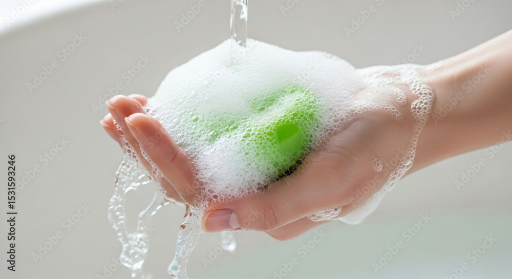 Fototapeta premium Woman holding green soap bar with foam and water under running tap. Hand washing for hygiene and personal care.
