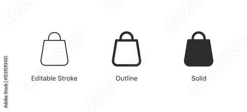 set of shopping bag icons . for ecommerce, retail, store apps, checkout designs, and consumer product . in editable stroke, outline, and solid styles