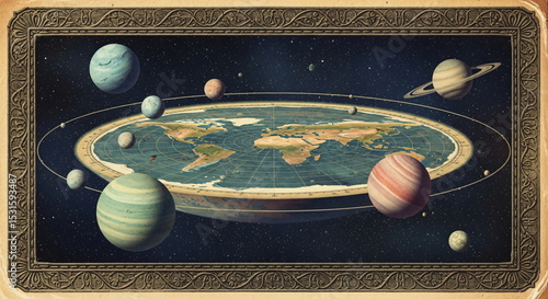 Fototapeta Naklejka Na Ścianę i Meble -  Artistic depiction of a flat earth model with planets orbiting it. Vintage style cartography illustration for educational concept.