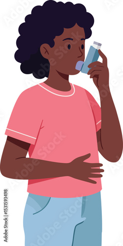 Child using asthma inhaler for breathing relief in casual clothing vector illustration 