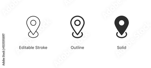 location pin icon in editable stroke, outline, and filled styles. for navigation, maps and geolocation designs in apps, websites and user interfaces