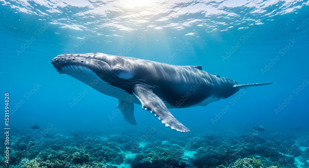 Fototapeta premium A large humpback whale swimming gracefully underwater near the coral reef. Marine life illustration for nature education posters.