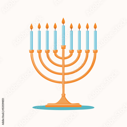 Vector of menorah with candles lit, simple on white background.