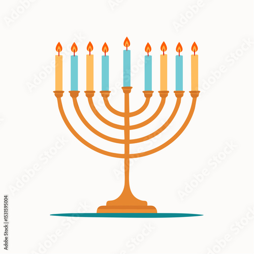 Vector of menorah with candles lit, simple on white background.