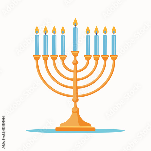 Vector of menorah with candles lit, simple on white background.