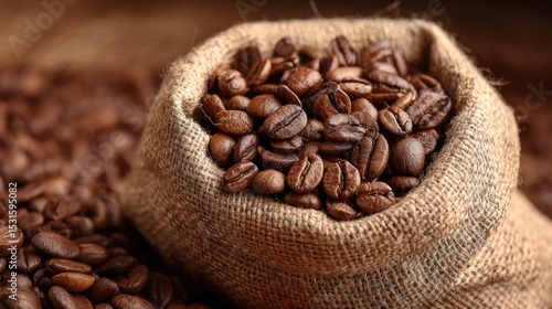 Coffee beans spill from a burlap bag on a brown surface
