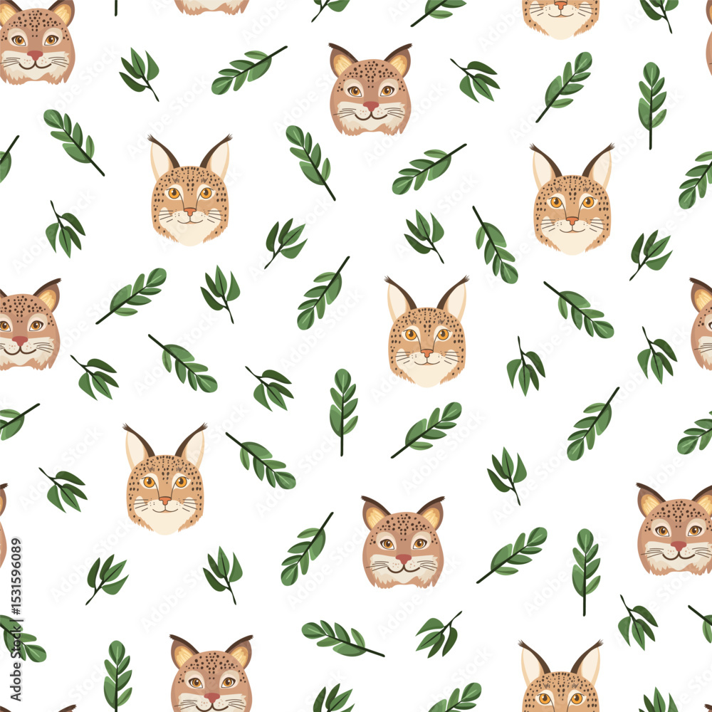 Obraz premium Lynx animal seamless pattern. Flat vector clipart, illustration with isolated background.