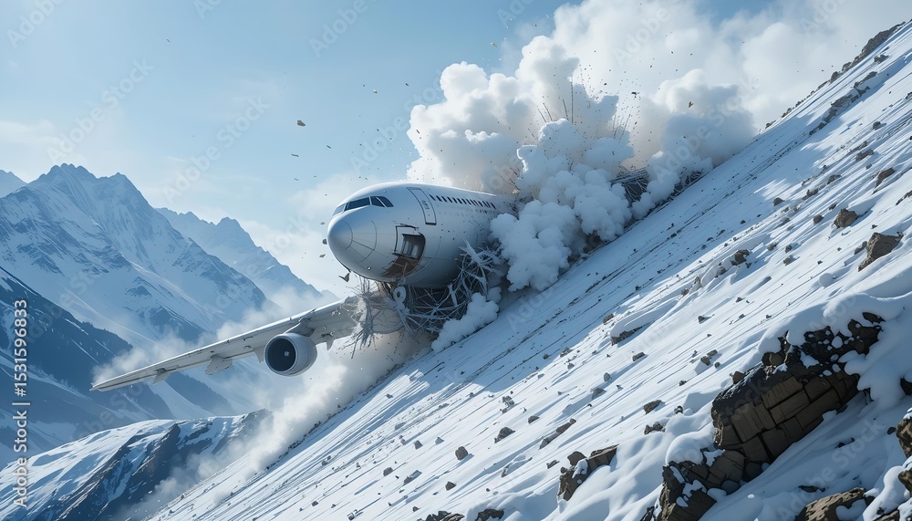 Obraz premium Passenger airplane crashing into snow-covered mountain slope with impact debris trail, ideal for winter aviation disaster and survival themes