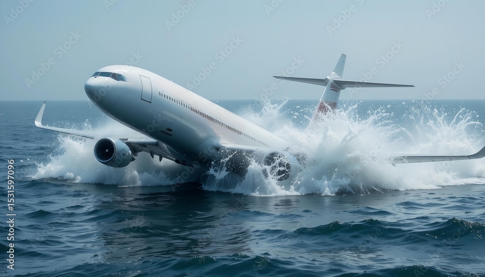 Commercial airplane crashing into shallow ocean with water splashing and shattered wings, great for coastal accident or marine disaster visuals Commercial airplane crashing into shallow ocean with water splashing and shattered wings, great for coastal accident or marine disaster visuals