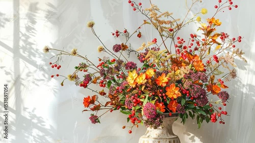 Elegant autumn floral arrangement in a ceramic vase with soft window light