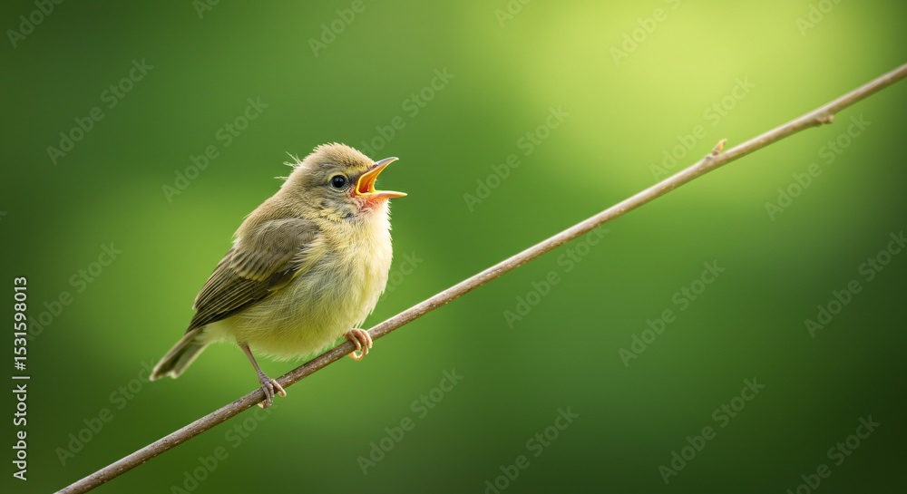 Obraz premium Baby Bird on Branch, Singing, Nature Photography