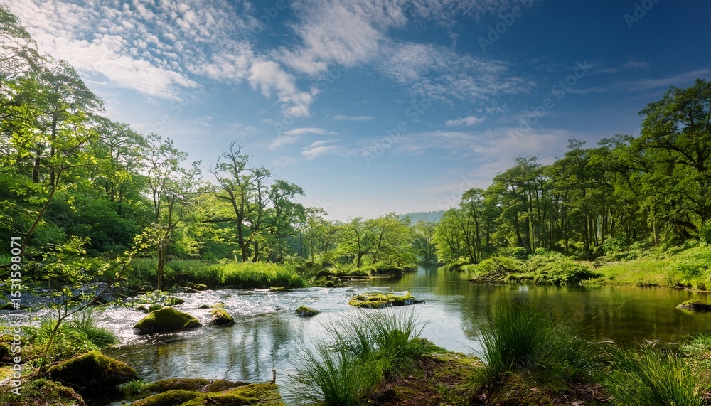 Fototapeta premium forest stream and lake in a woodland landscape
