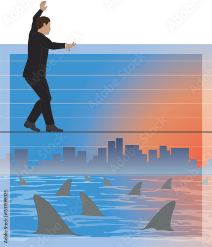 business man walking along tightrope over a sea of sharks symbolizing the concept of balancing crisis and fear