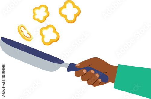 Hand holding frying pan tossing sliced yellow bell pepper cooking food vector illustration 