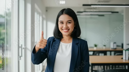Businesswoman giving a thumbs up in an office setting
