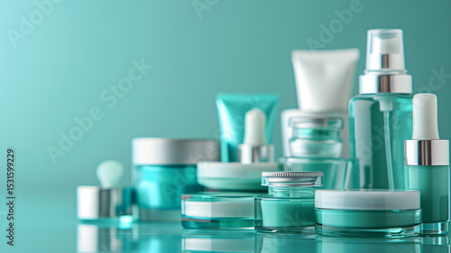 Luxurious cosmetics collection in teal color on blurred background for beauty themes