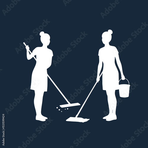 Female cleaning workers using mop and bucket for janitorial service vector illustration on dark background 