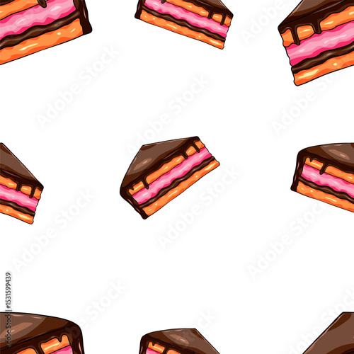 Seamless pattern with a piece of chocolate cake with bright pink berry filling, chocolate topping. Vector illustration of holiday food. Wrapping paper, packaging.