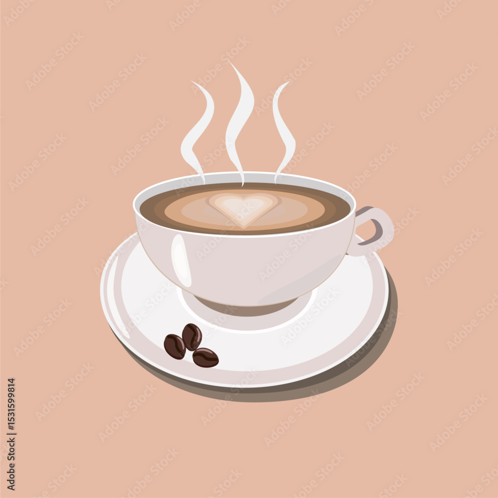 Obraz premium Coffee cup with steam and latte heart on plate, minimal flat illustration