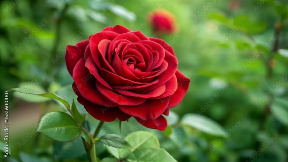 Red rose in green garden with soft lighting single flower cartoon Red rose in green garden with soft lighting single flower cartoon