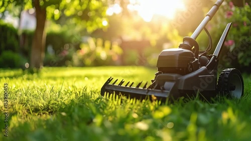 Electric lawn mower on green grass, sunlight beaming through trees in a beautiful backyard landscape.