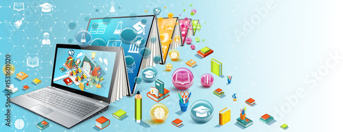Open laptop transforming into screens with academic symbols. Futuristic online learning concept. Digital education tools and back to school theme. Design for banner, poster, wallpaper, header.
