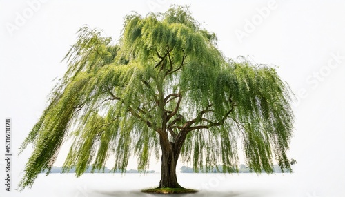 weeping willow tree with white background gently swaying in the breeze