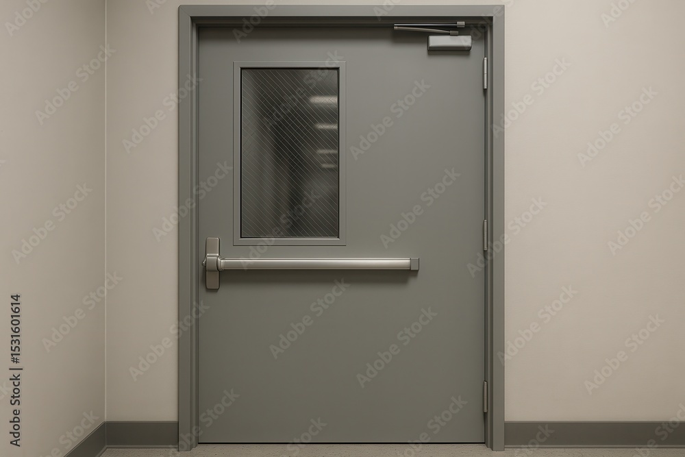 Gray fireproof emergency exit door with wired glass window and panic bar showing a storage room Gray fireproof emergency exit door with wired glass window and panic bar showing a storage room