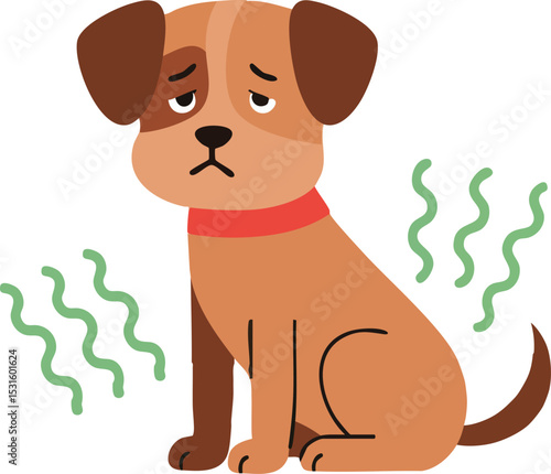 Sad brown dog with red collar emitting bad smell in simple vector illustration