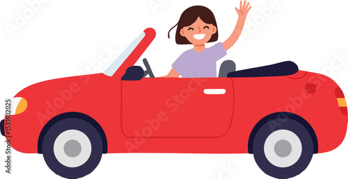 Girl driving red convertible car waving hand happily in summer vector illustration 