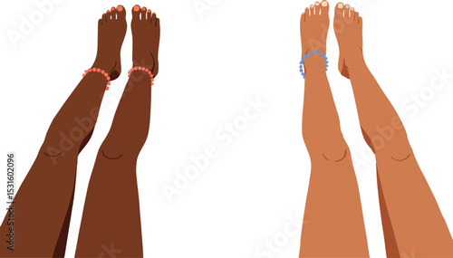 Diverse human legs with anklets lying flat top view vector illustration of different skin tones and feet position 