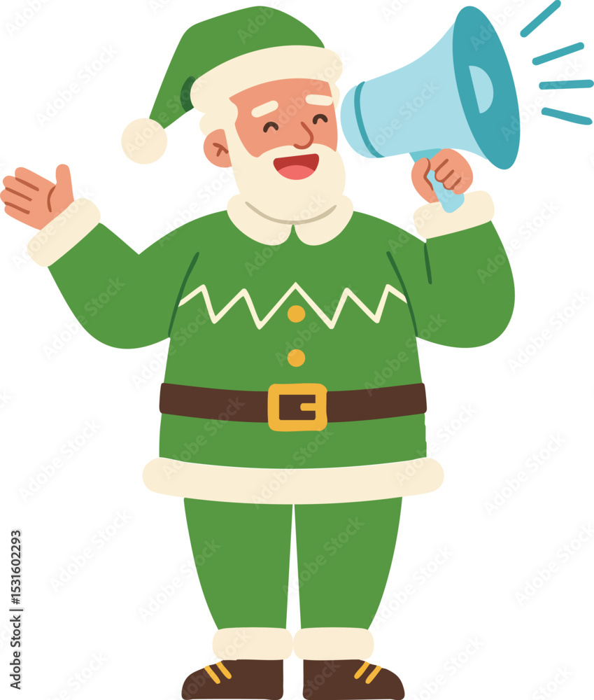 Santa Claus character in green outfit holding megaphone announcing festive message vector illustration Santa Claus character in green outfit holding megaphone announcing festive message vector illustration
