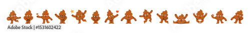 Cartoon poop characters. Funny poop mascots with happy smile face in different poses. Various doodle poops sticker pack design. Vector illustration