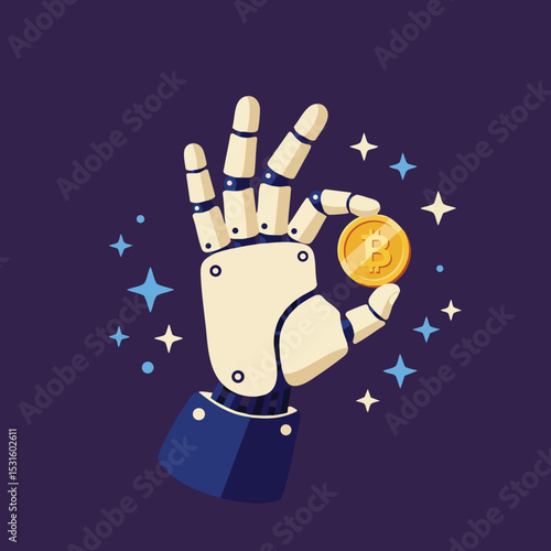 Robotic hand holding golden bitcoin cryptocurrency coin with starry background vector illustration