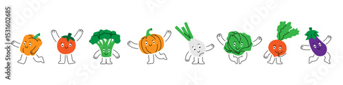 Vegetable characters. Funny vegetable mascots. Different poses and expressions. Healthy eating. Various doodle vegetables sticker pack design.