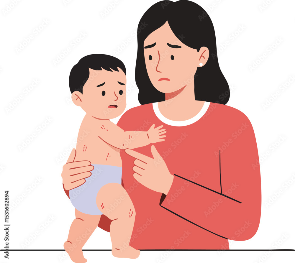 Obraz premium Mother holding baby with rash on skin worried about childs health and care vector illustration 