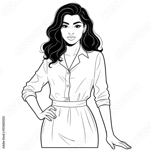 Confident Latina woman, poised, standing in a stylish outfit, minimalistic style, black and white, beauty concept