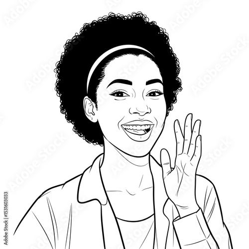 Cheerful young woman, friendly, waving hello, minimalistic style, black and white, greeting concept