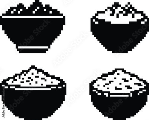 Pixel-style rice bowl vector set - 4 Asian meal silhouettes, EPS JPEG PNG
