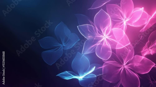 Futuristic abstract floral video background with glowing neon flower outlines in pink and blue over a deep navy backdrop.