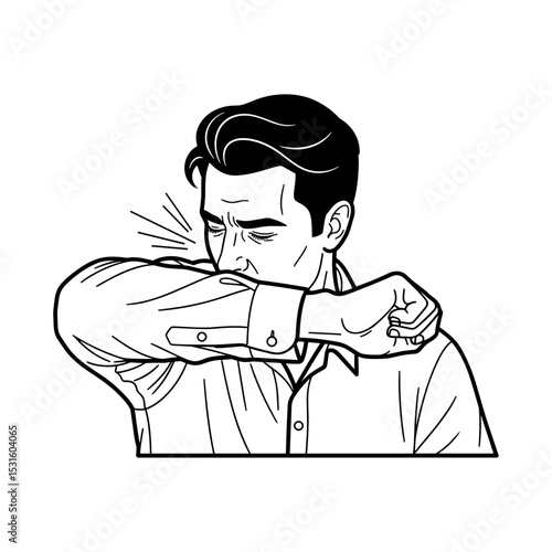 man sneezing into his elbow with a serious expression in a casual setting copy space
