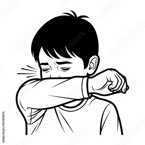 young boy sneezing into his elbow with a concerned expression in a playful setting 