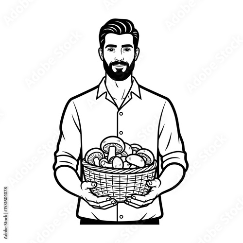 man holding a basket of freshly picked mushrooms in a natural and cheerful setting 