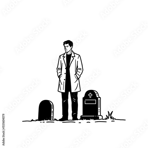 man standing solemnly by gravestones in a reflective and mourning mood 