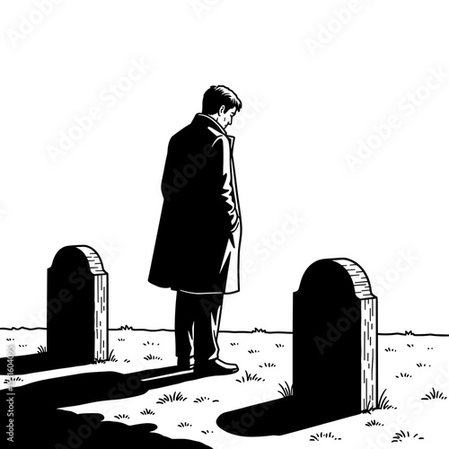 man standing by gravestones in a solemn and reflective mood 