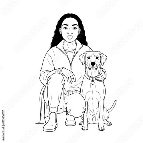 young woman sitting with her dog in a friendly and affectionate pose 