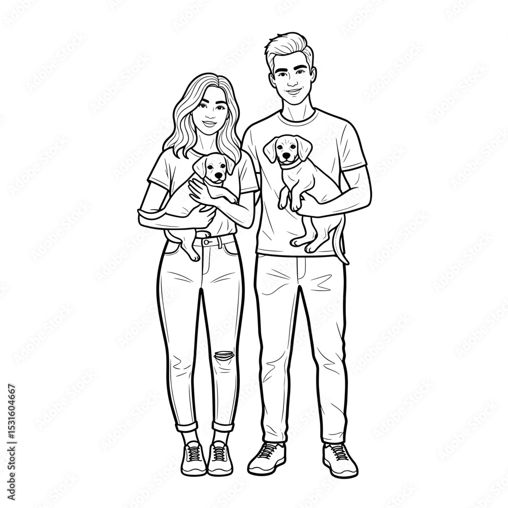 Fototapeta premium Couple holding puppies, joyful and affectionate mood, black and white, for pet companionship and family representation