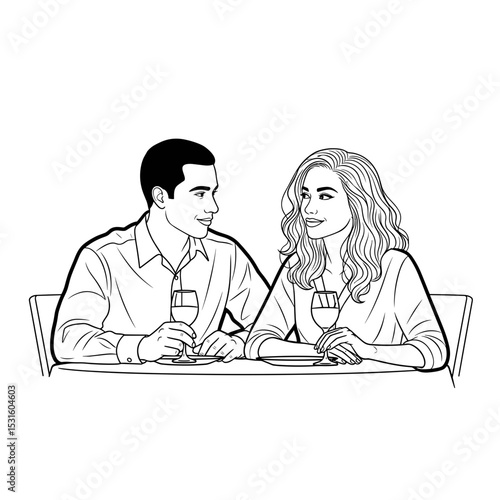Couple enjoying dinner, sharing drinks, intimate moment, line art, romantic atmosphere