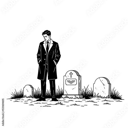 Man in suit, reflecting at graveyard, somber mood, line art, loss and remembrance