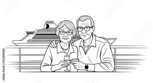 Elderly couple toasting on a cruise ship, joyful and affectionate mood, black and white, for travel and companionship